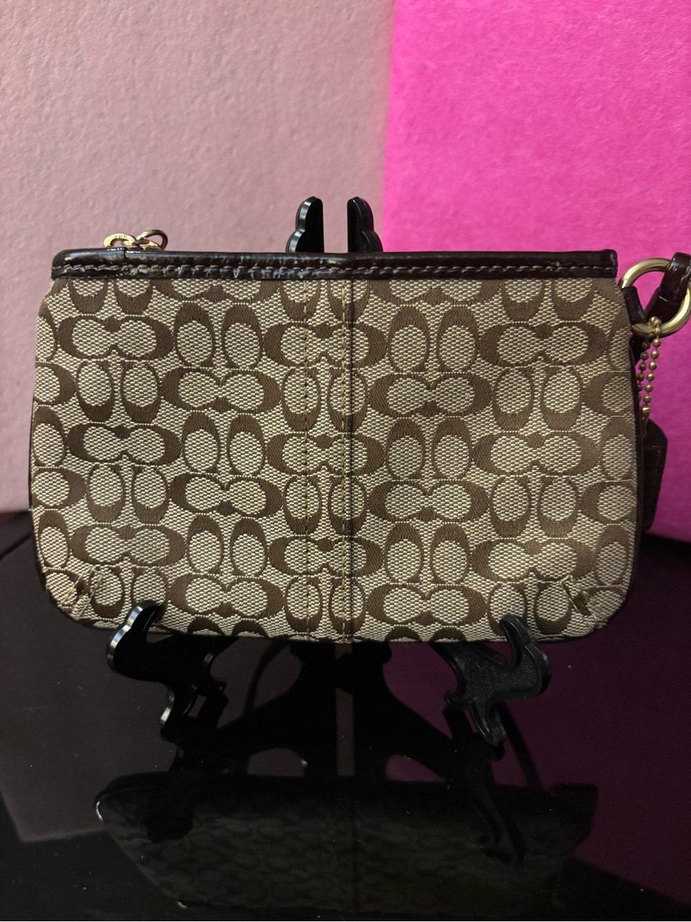 Coach Signature Jacquard Patent Leather Wristlet | Brown Tan Gold Hardware - Picture 3 of 5